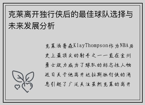 克莱离开独行侠后的最佳球队选择与未来发展分析